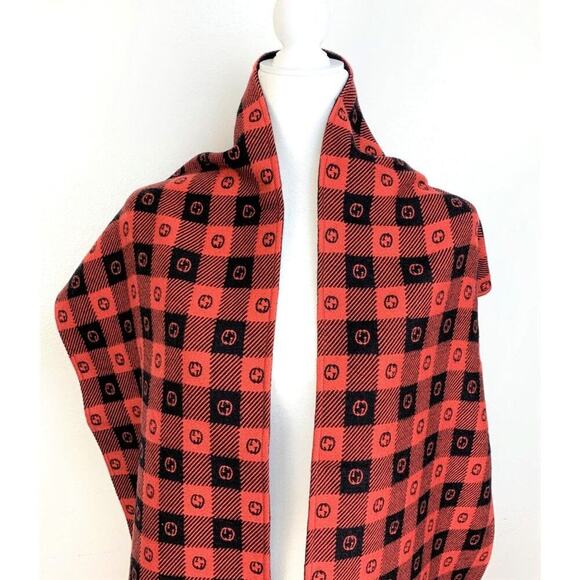 NWT Gucci Wool Interlocking GG LEISURE Scarf Black Red - Picture 5 of 11